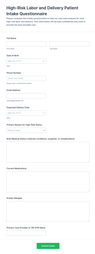 High Risk Labor And Delivery Patient Intake Questionnaire Form Template
