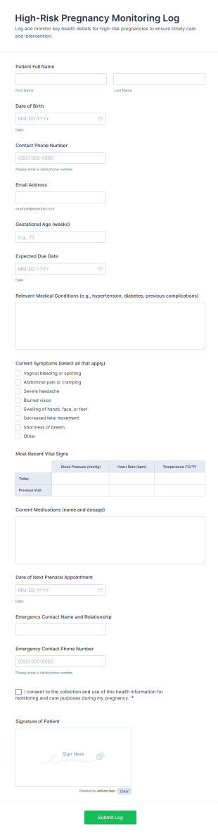 High Risk Pregnancy Monitoring Log Form Template