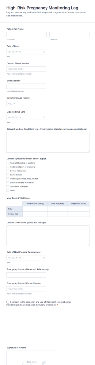 High Risk Pregnancy Monitoring Log Form Template