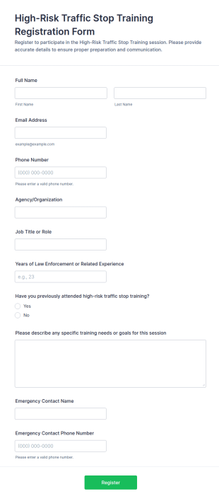 High Risk Traffic Stop Training Registration Form Template