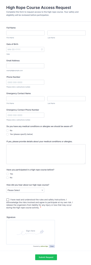 High Rope Course Access Request Form Template