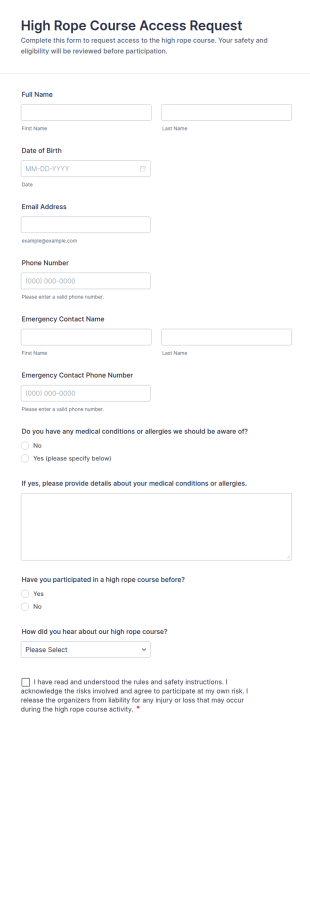 High Rope Course Access Request Form Template