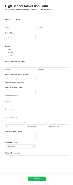 High School Admission Form Form Template