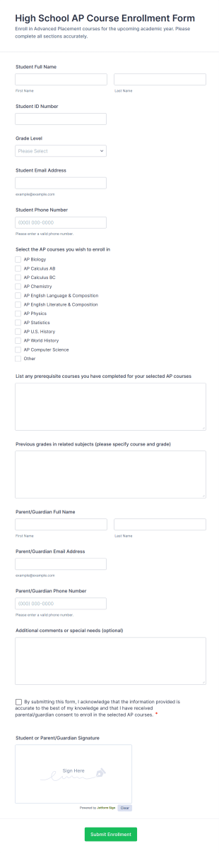 High School AP Course Enrollment Form Form Template