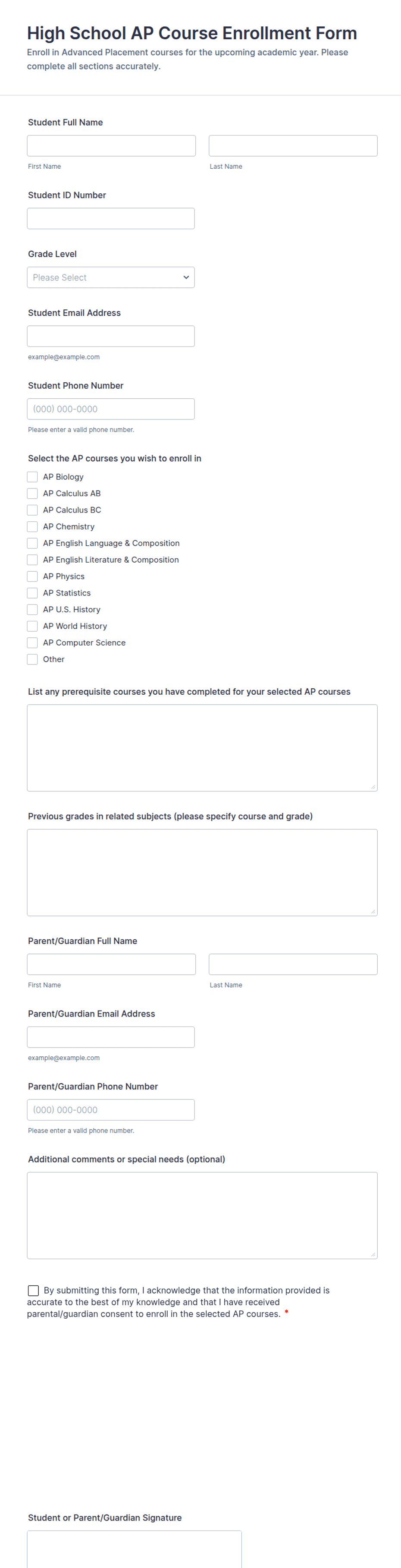 High School AP Course Enrollment Form Template | Jotform