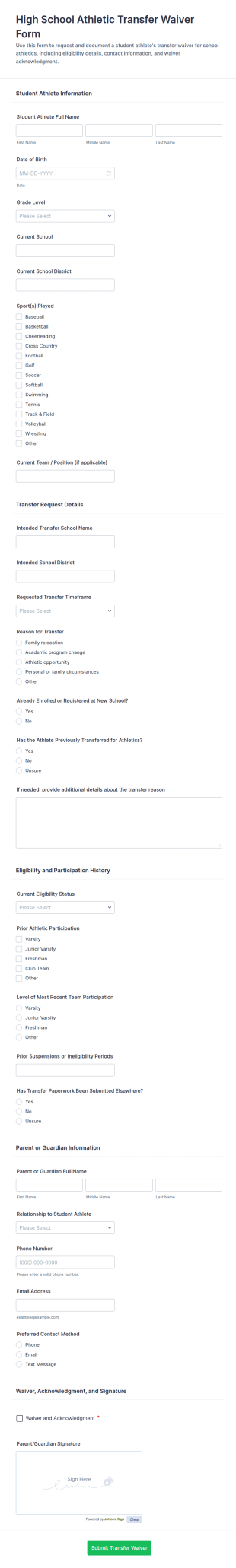 High School Athletic Transfer Waiver Form Template