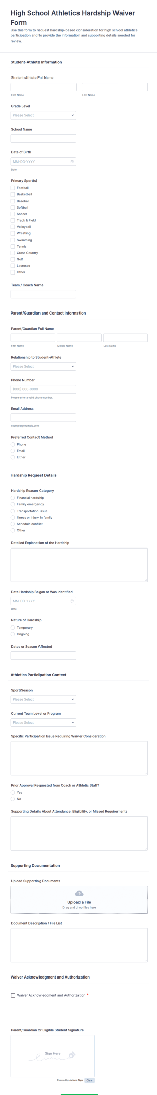 High School Athletics Hardship Waiver Form Template