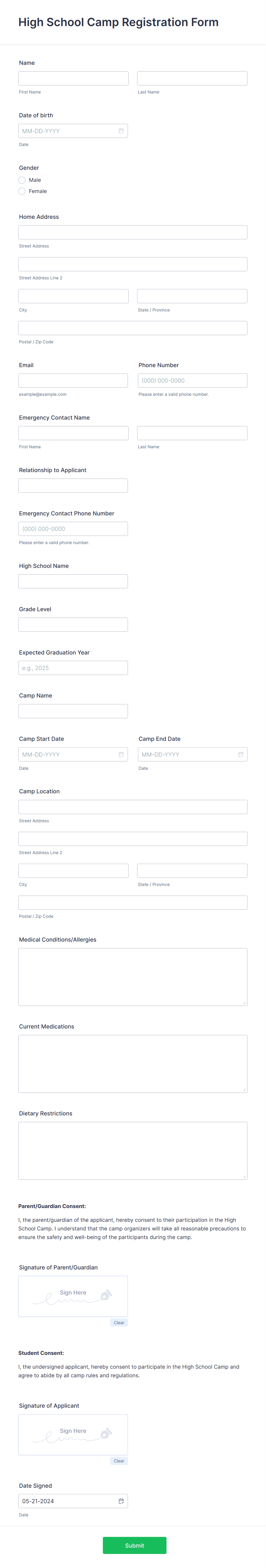 High School Camp Registration Form Template | Jotform