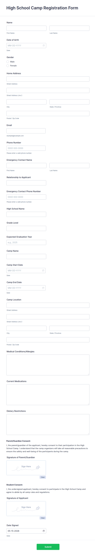 High School Camp Registration Form Template