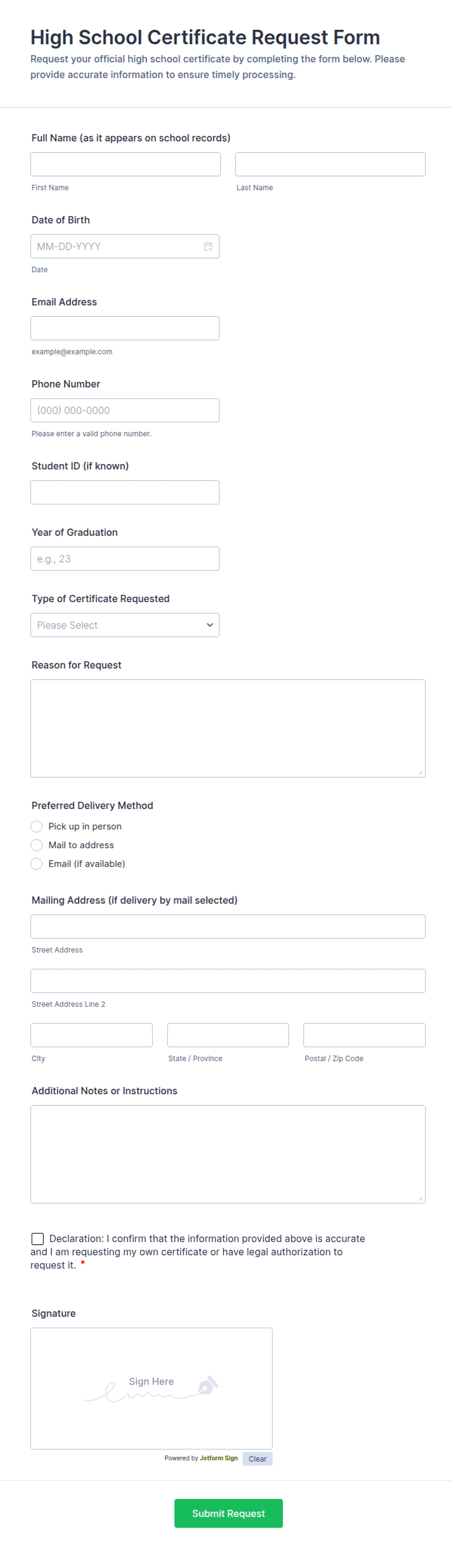 High School Certificate Request Form Template | Jotform