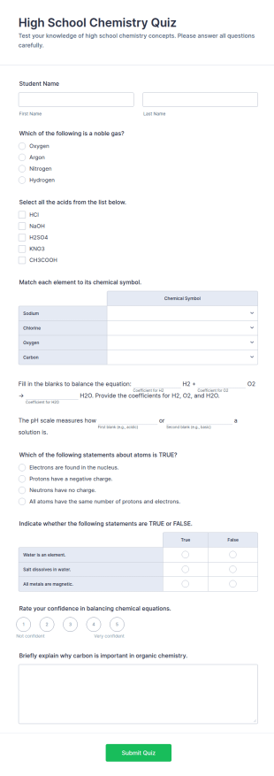 High School Chemistry Quiz Form Template