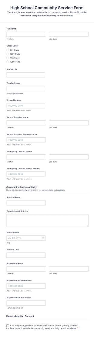 High School Community Service Form Template