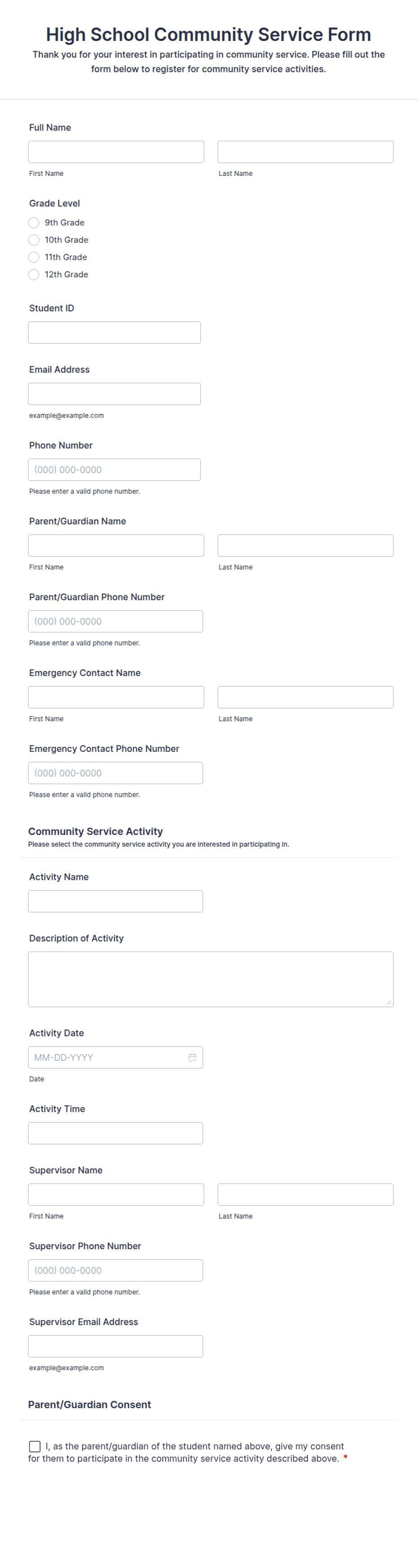 High School Community Service Form Template Jotform