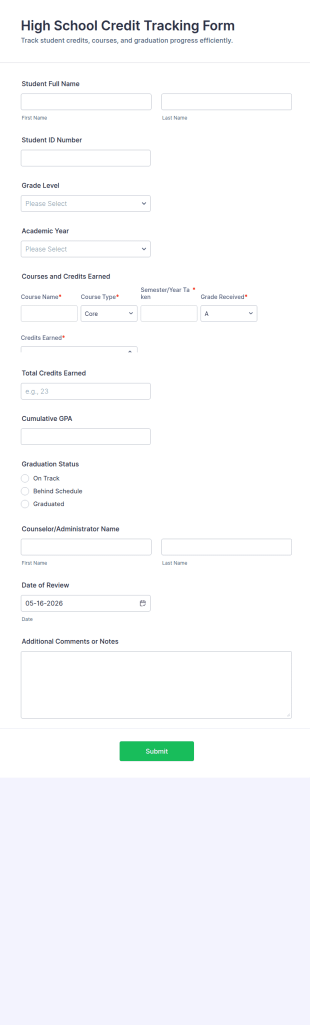 High School Credit Tracking Form Template