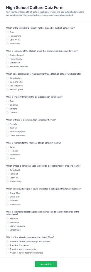 High School Culture Quiz Form Template
