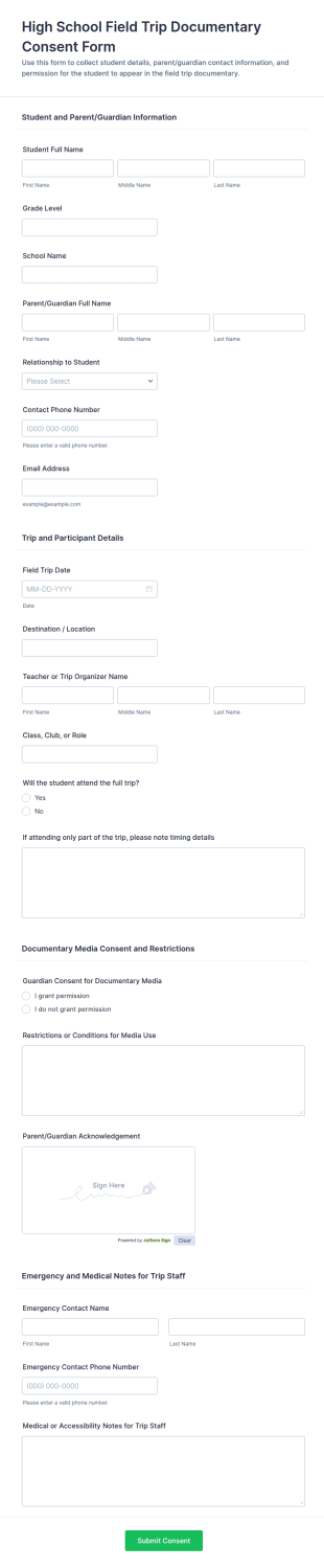 High School Field Trip Documentary Consent Form Template