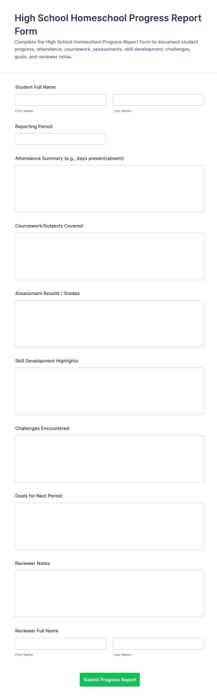 High School Homeschool Progress Report Form Template
