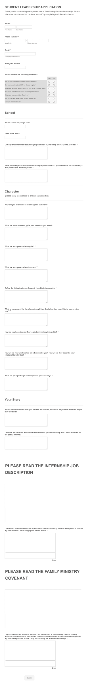 High School Ministry Internship Application Form Template