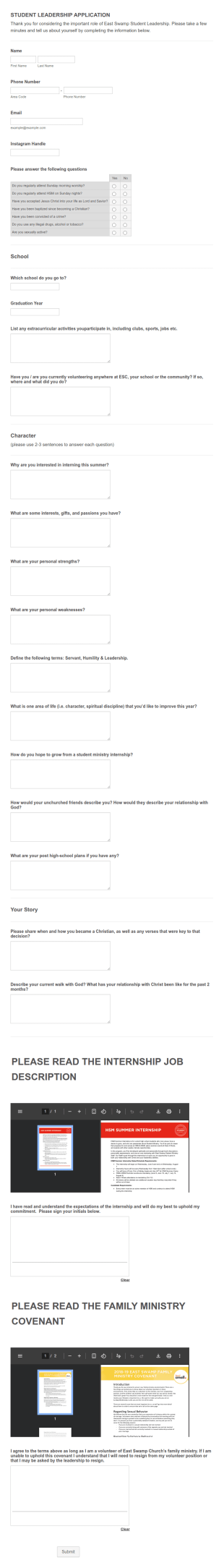 High School Ministry Internship Application Form Template