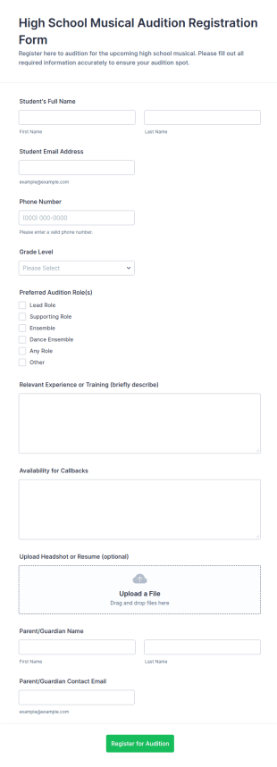 High School Musical Audition Registration Form Template