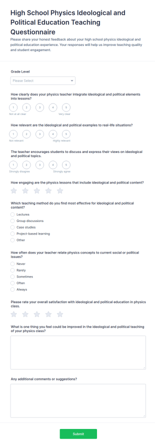 High School Physics Ideological And Political Education Teaching Questionnaire Form Template
