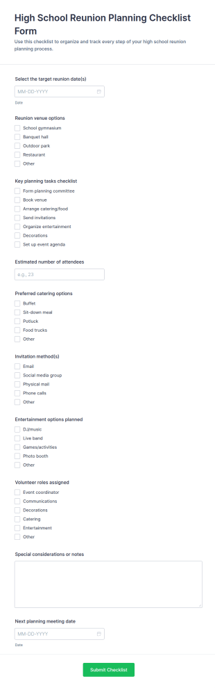 High School Reunion Planning Checklist Form Template