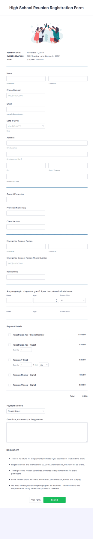 High School Reunion Registration Form Template