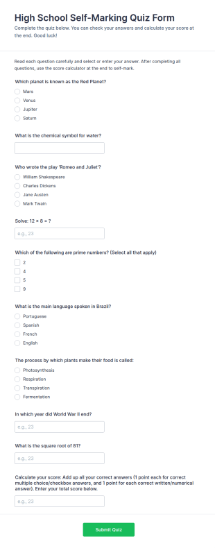 High School Self Marking Quiz Form Template