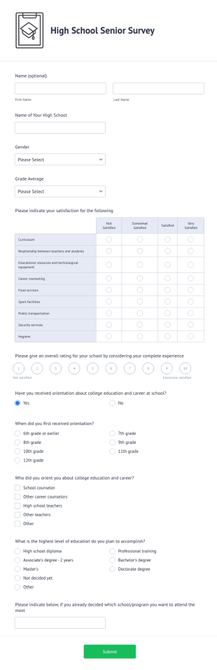 High School Senior Survey Form Template