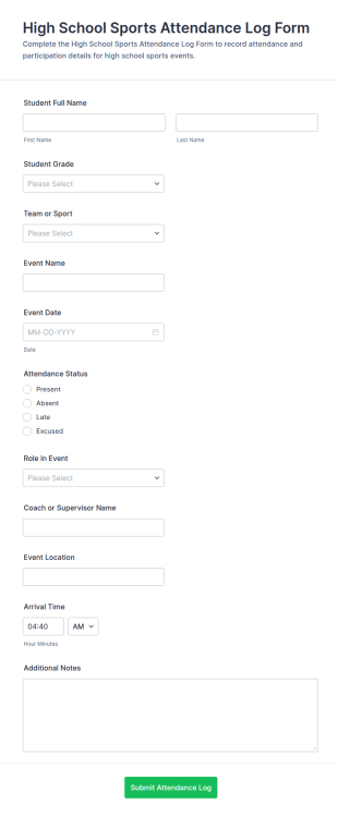High School Sports Attendance Log Form Template