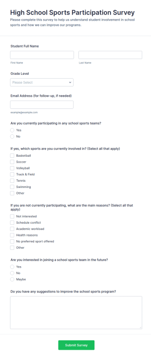 High School Sports Participation Survey Form Template