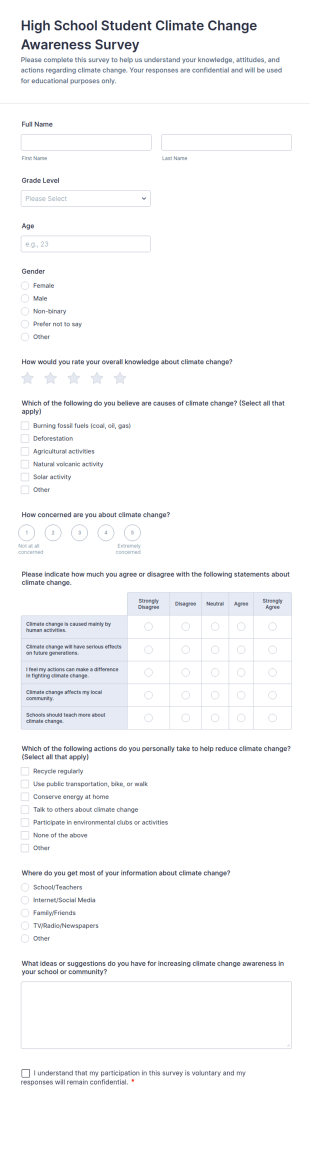 High School Student Climate Change Awareness Survey Form Template