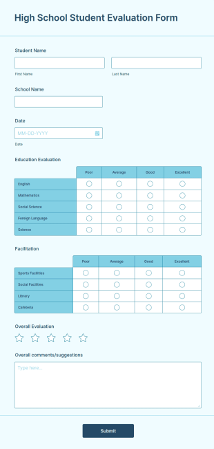 High School Student Evaluation Form Template