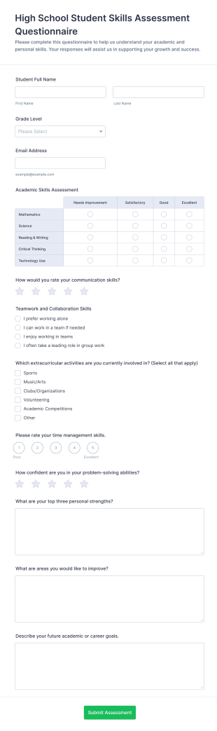 High School Student Skills Assessment Questionnaire Form Template