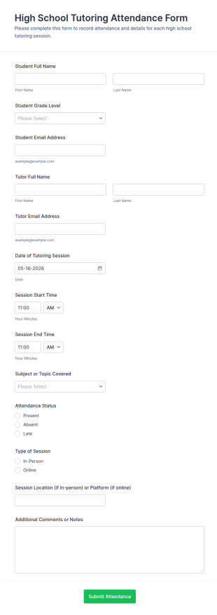 High School Tutoring Attendance Form Template