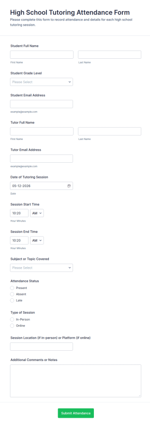 High School Tutoring Attendance Form Template