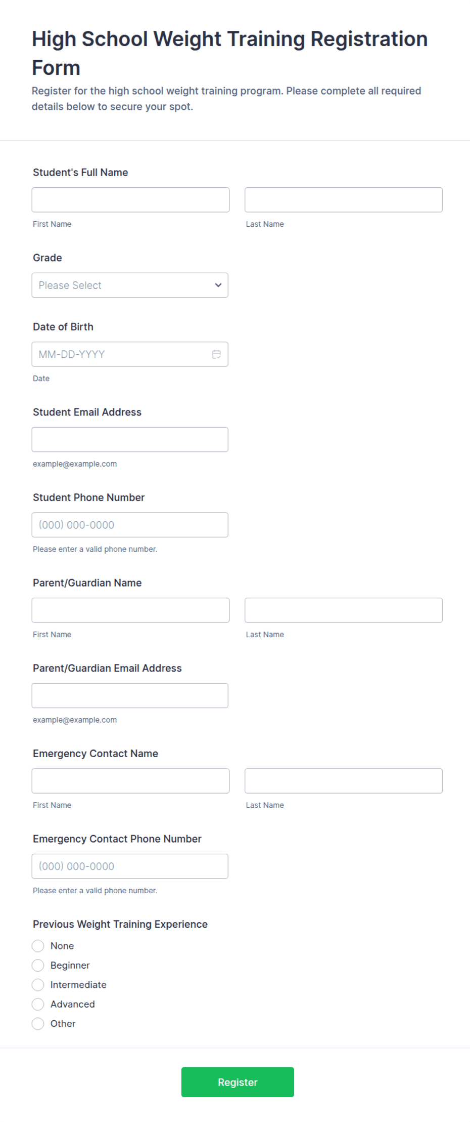 High School Weight Training Registration Form Template | Jotform
