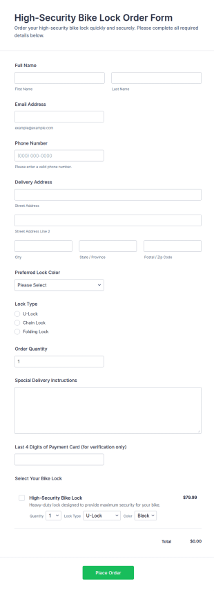 High Security Bike Lock Order Form Template