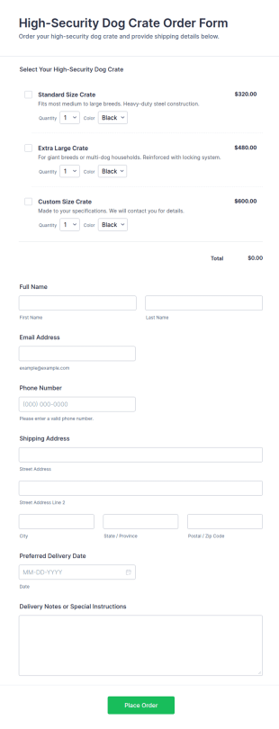 High Security Dog Crate Order Form Template