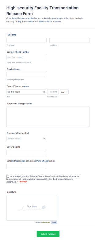 High Security Facility Transportation Release Form Template