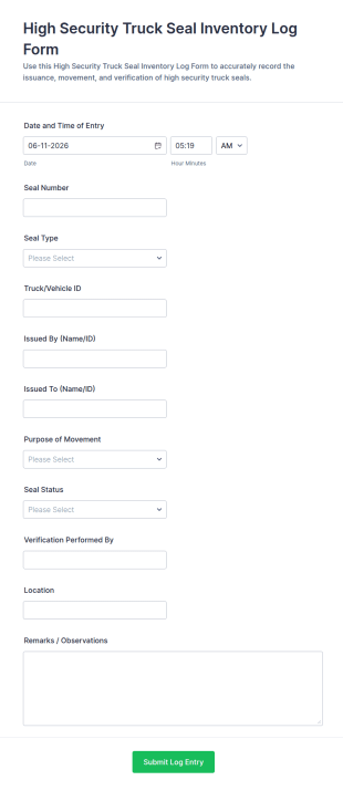 High Security Truck Seal Inventory Log Form Template