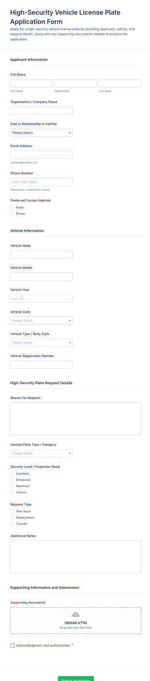High Security Vehicle License Plate Application Form Template