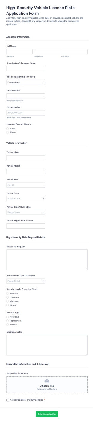High Security Vehicle License Plate Application Form Template