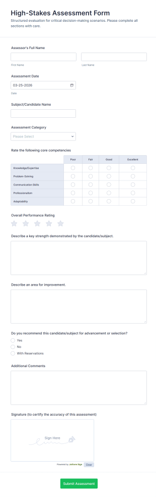 High Stakes Assessment Form Template
