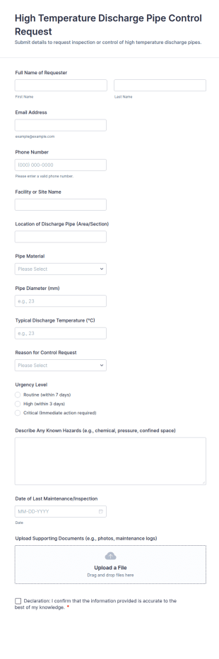 High Temperature Discharge Pipe Control Request Form Template