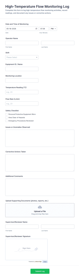 High Temperature Flow Monitoring Log Form Template