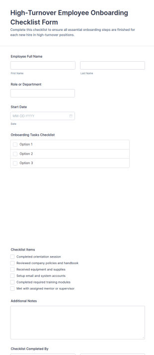 High Turnover Employee Onboarding Checklist Form Template