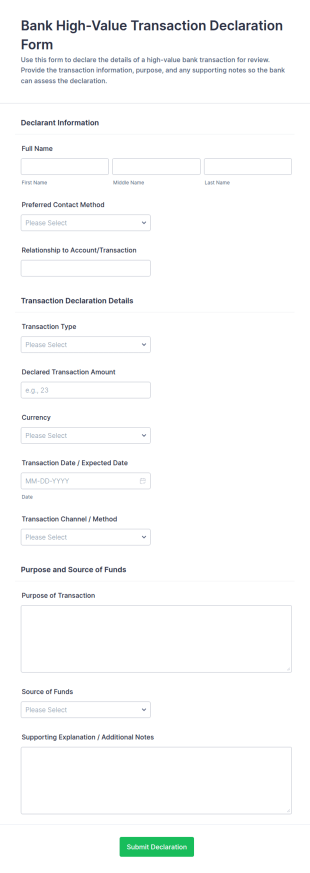 High Value Transaction Declaration Form Template