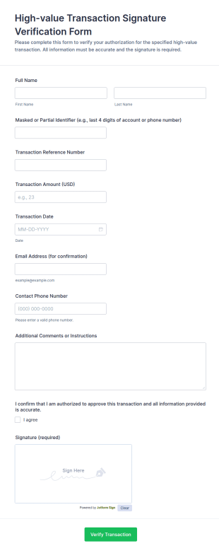 High Value Transaction Signature Verification Form Template