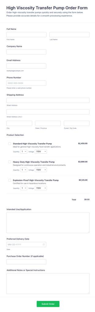 High Viscosity Transfer Pump Order Form Template